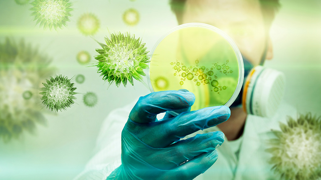 Researcher with petri dish.