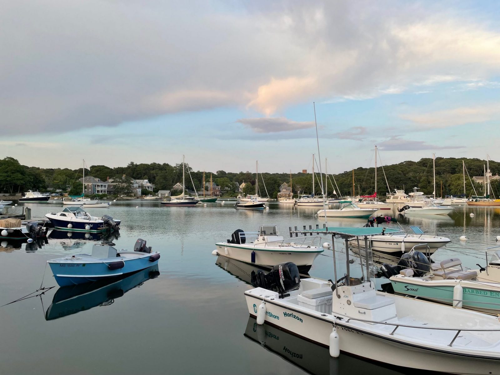 A marina full of boats with a pastel, cloudy sky