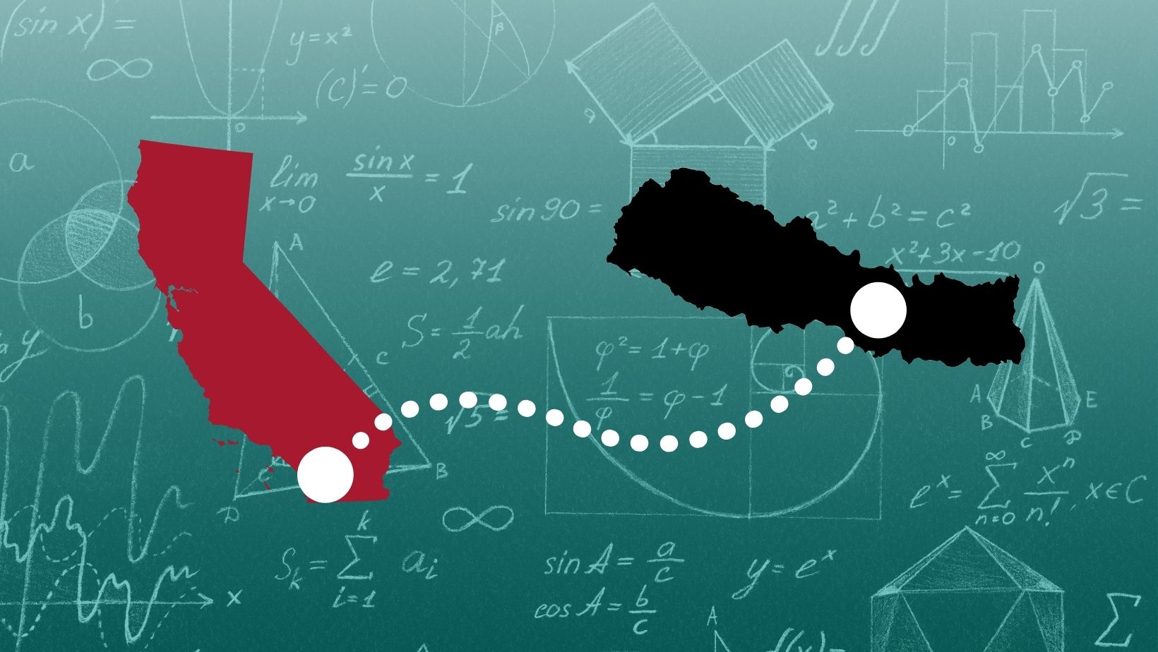 A red outline of California and black outline of Nepal connected by a dotted line on a teal background with mathematical symbols