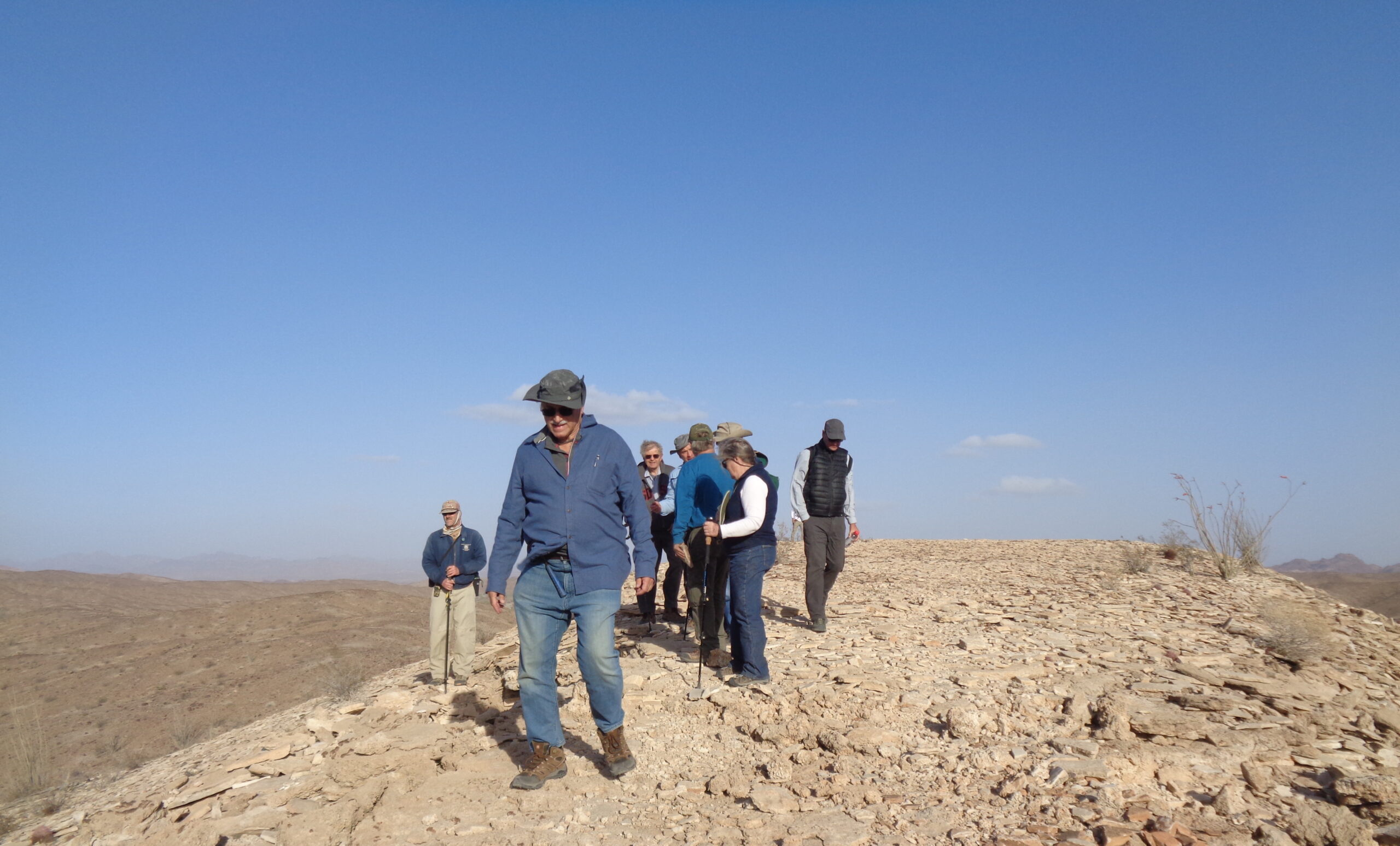 Group of geologists estimate the age of tan rocks under their feet