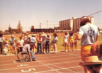 Peter crosses the finish line for the 100 yard dash at a competition in 1977