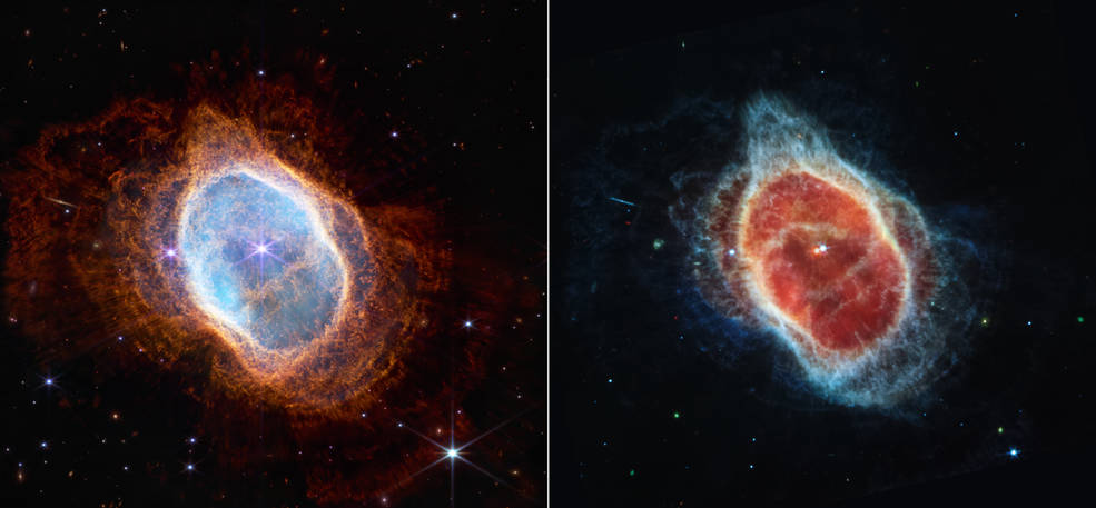 On the left, a blue oval surrounded by waves of red gas material. On the right, a red oval center with two bright white dots in the middle, surrounded by blue waves of ejected material. Both represent a dying star using different techniques.