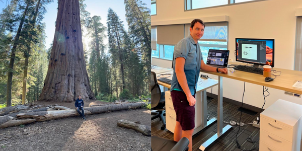 On the left, Miko sits in front of a giant tree. On the right, Miko stands at his work desk with a laptop and desktop computer
