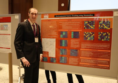 Student stands next to a colorful bioinformatics research poster