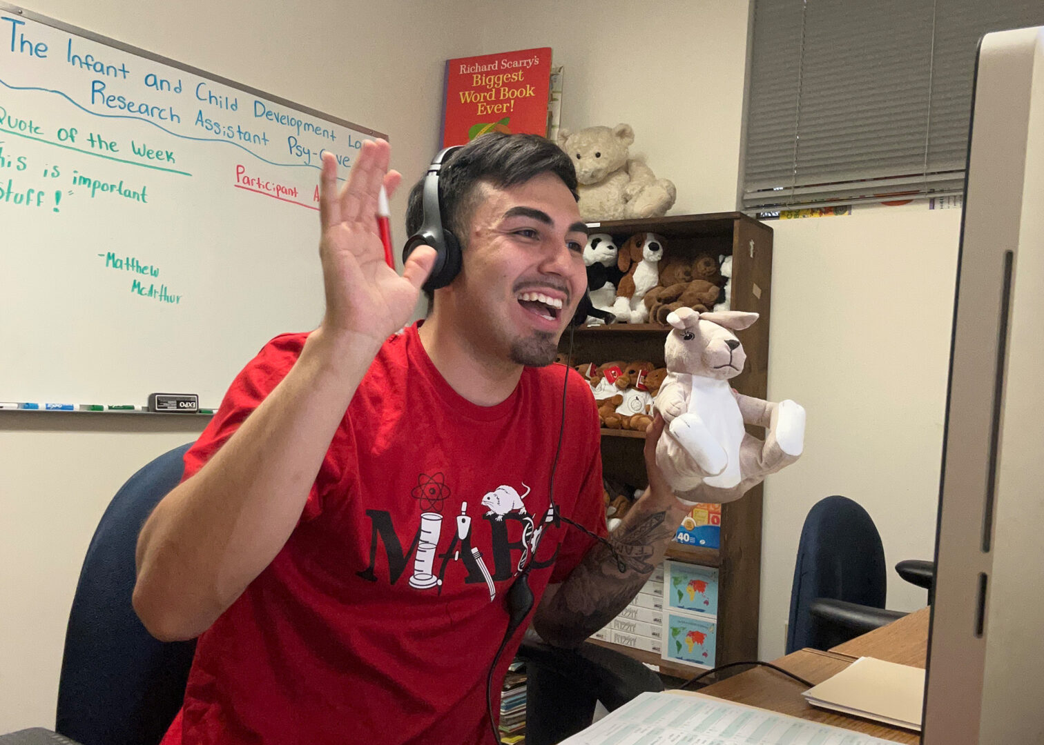 Diego Leon, junior psychology student at SDSU, interacts with children as he conducts virtual research assessments from SDSU’s Infant and Child Development Lab (Diego Leon/SDSU)