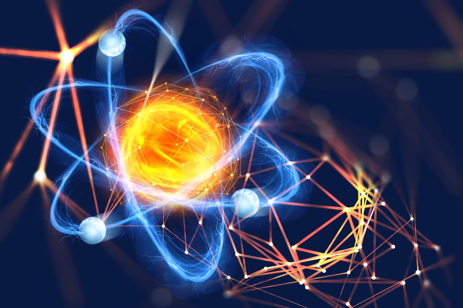 Atomic structure. Futuristic concept on the topic of nanotechnology in science. The nucleus of an atom surrounded by electrons on a technological background (Adobe Stock)