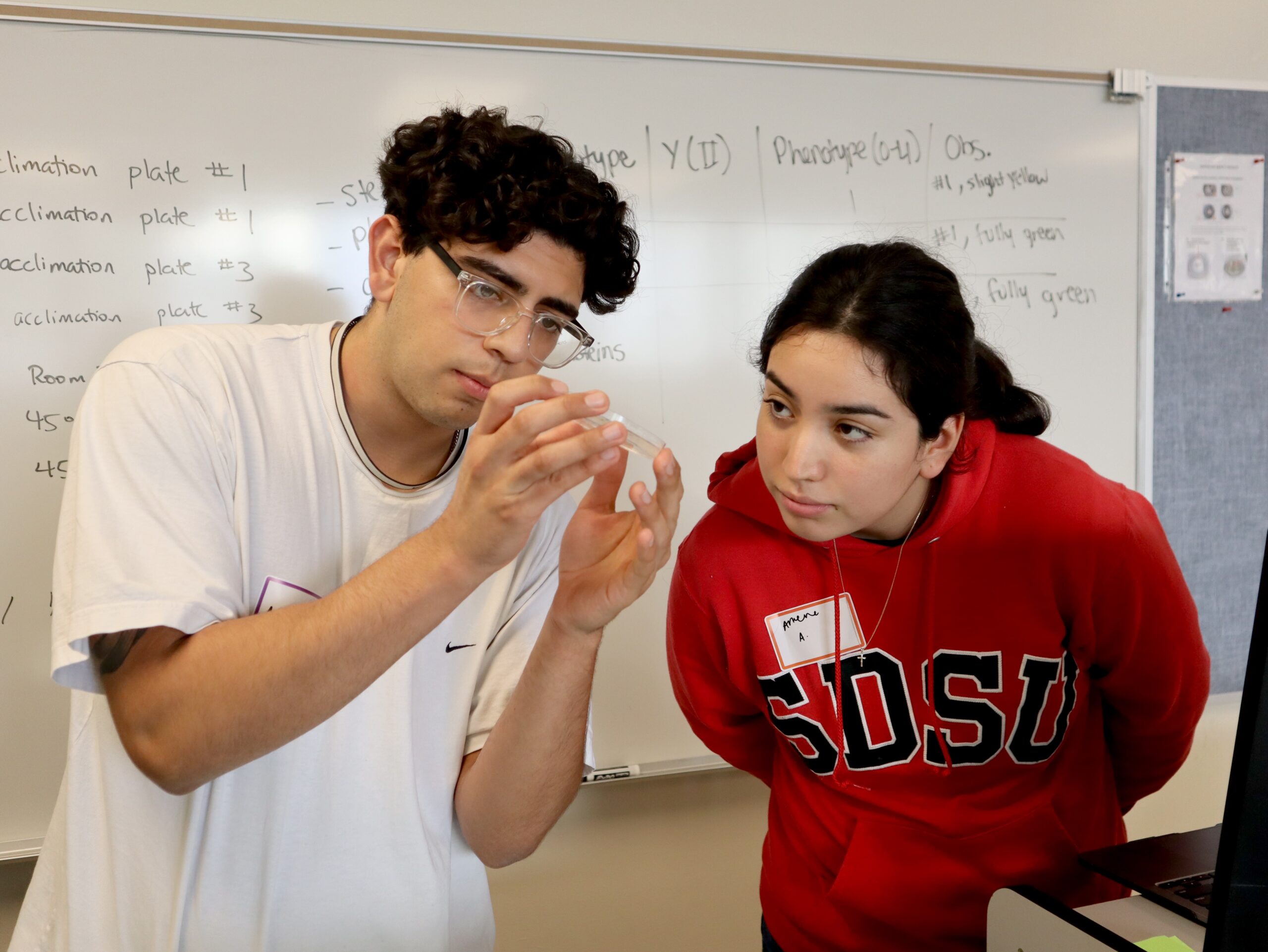 Male and female student looking at a petri dish.