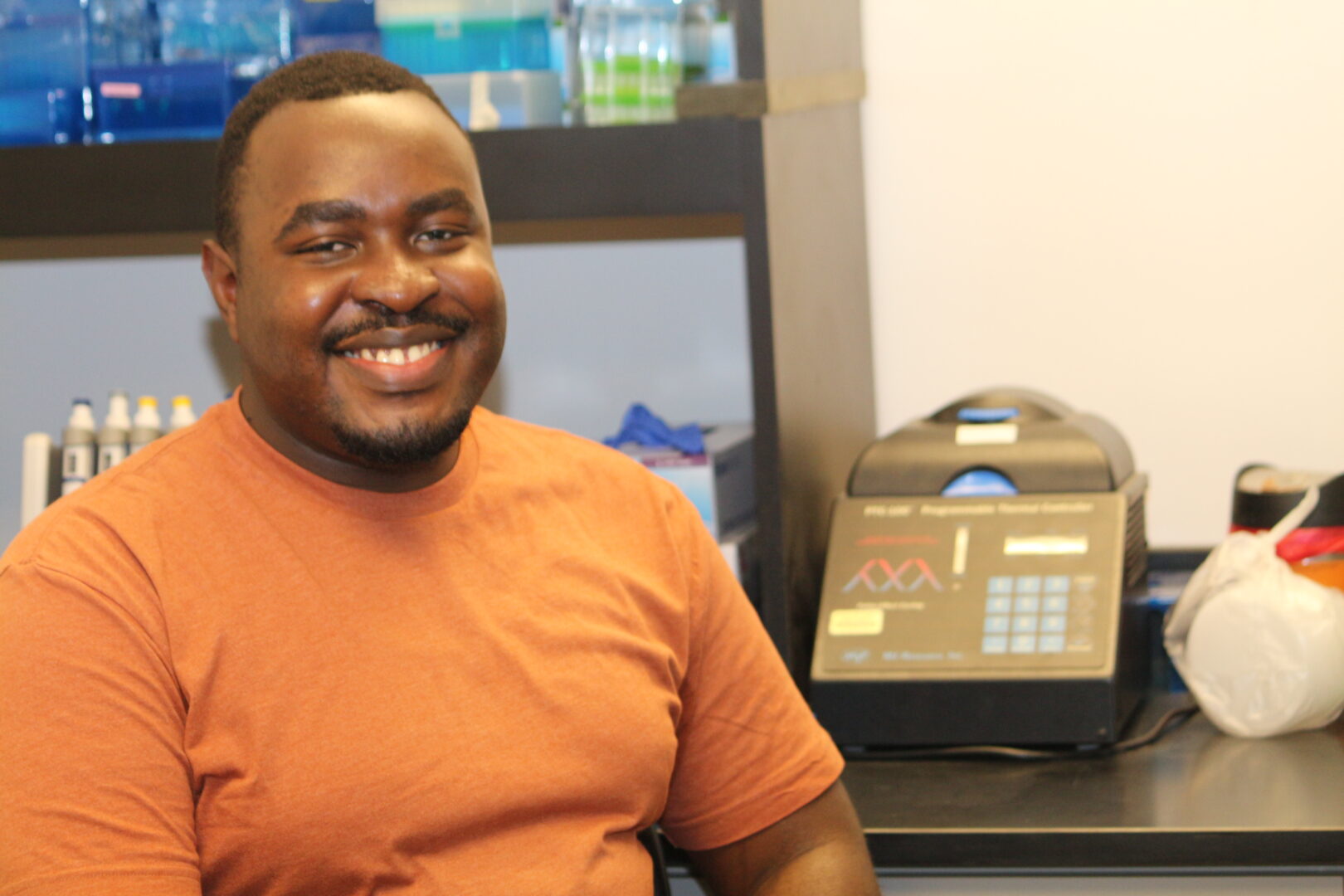 Trevor Mugoya, a bioinformatics master’s student from Uganda, probes plant genomics in SDSU’s Sethuraman Lab.